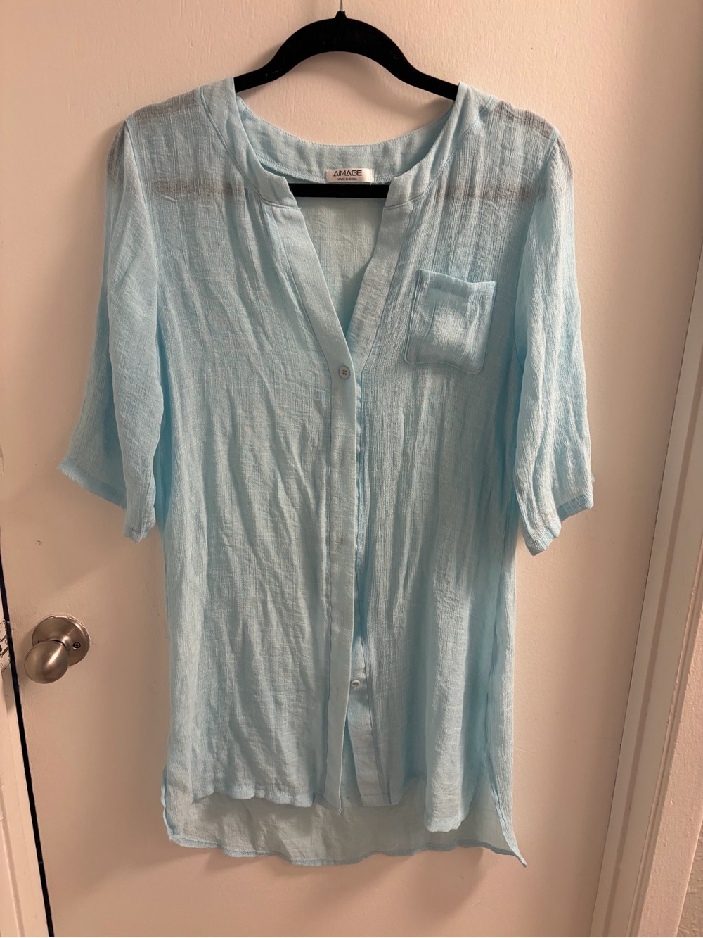 AIMAGE Light Blue Lightweight Gauze Button Down Tunic Top Size Small